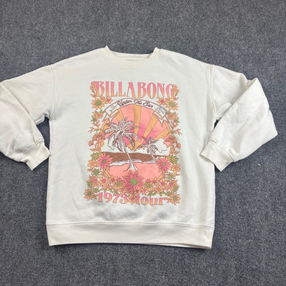 BILLABONG Women’s White Crewneck Sweatshirt Floral Beach Scene Size: Medium